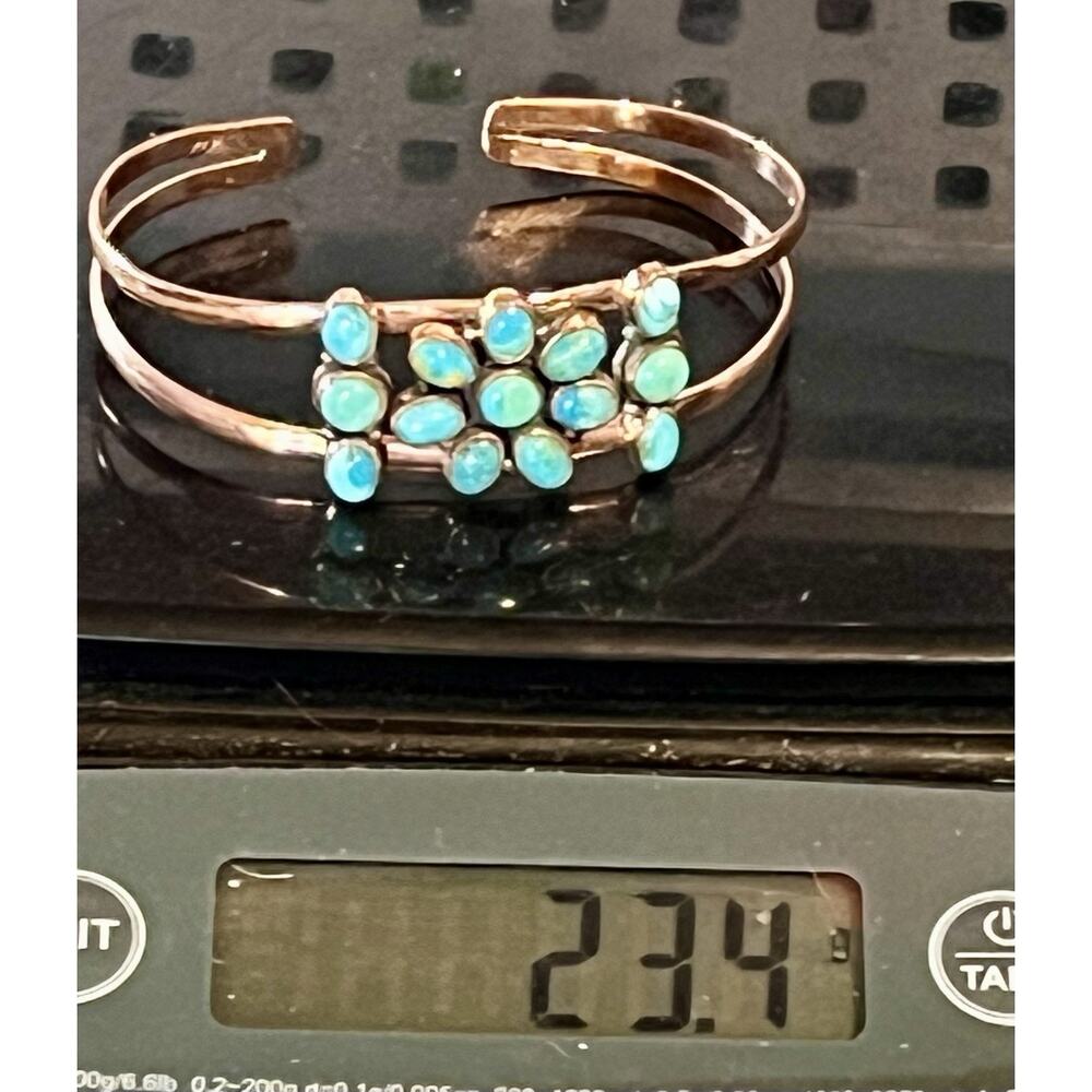 Southwestern Copper Kingman Turquoise Cluster Cuff Bracelet Handmade Statement - Picture 14 of 14
